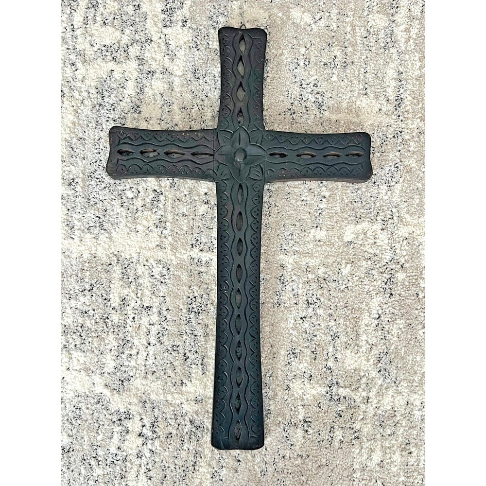 24" Wooden Floral Carved Christian Cross Religious Wall Hanging Decor Stained Dk
